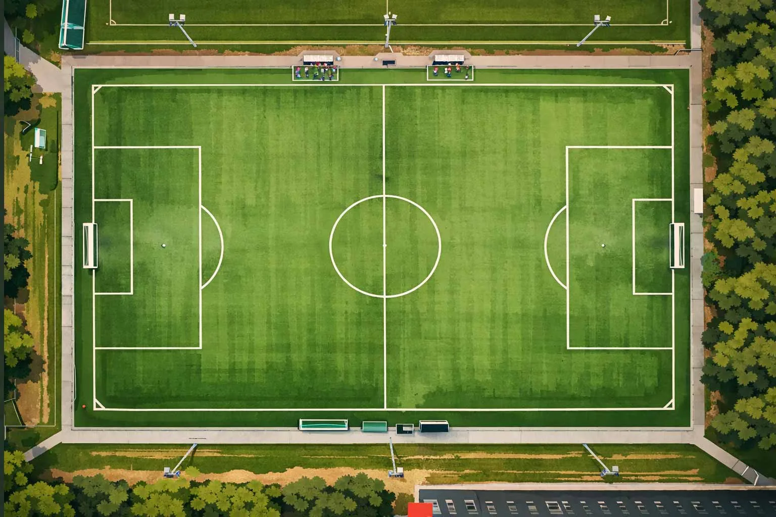 VM 2026 spelschema — fotbollsplan med alla grupper och matcher