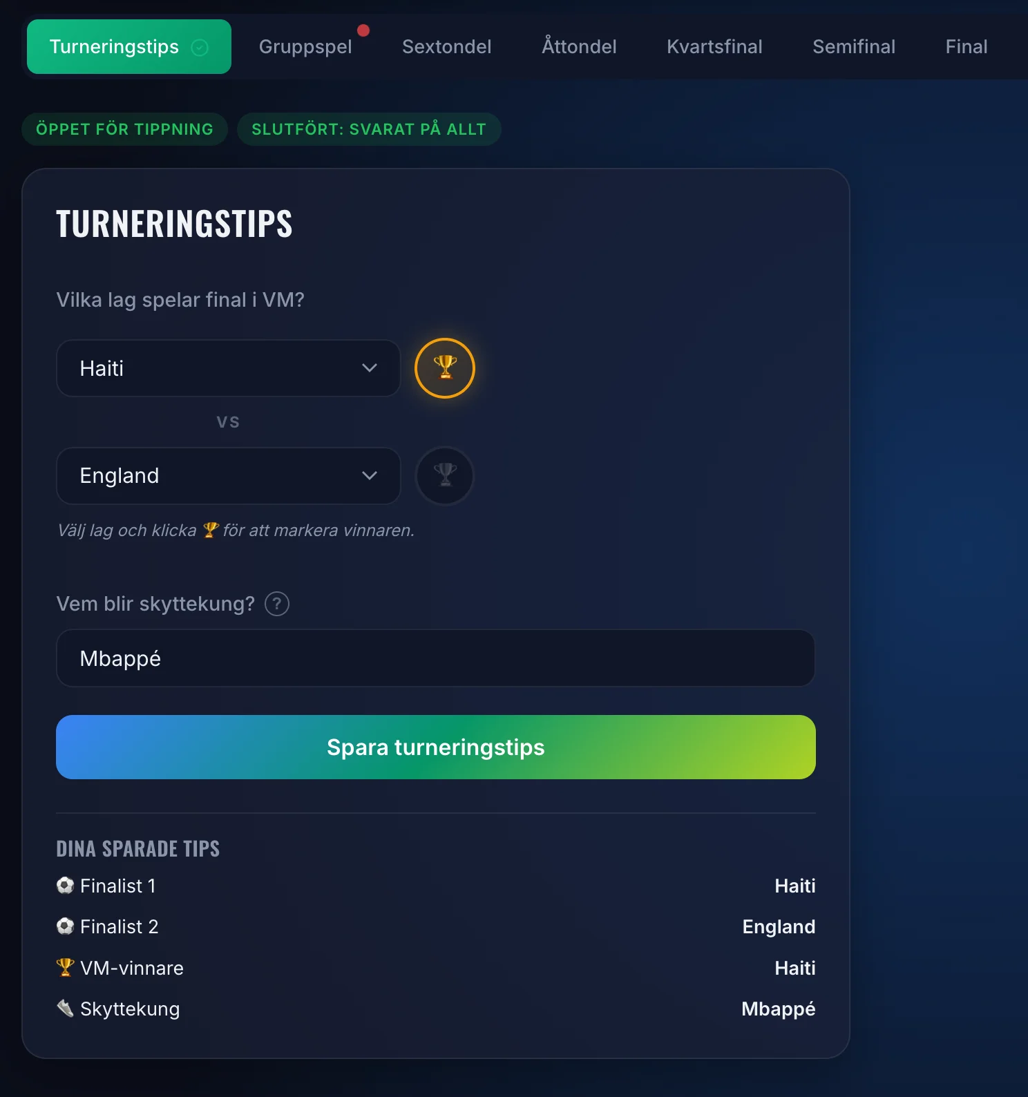 Skärmdump turneringstips VM 2026 — välj finallag, VM-vinnare och skyttekung