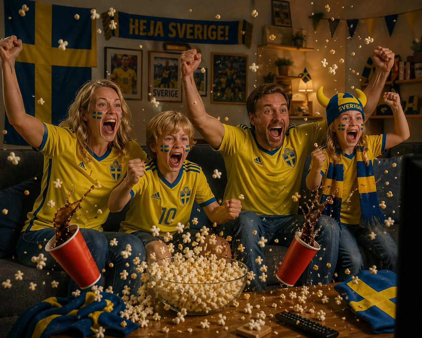 Tippa VM med familjen 2026 — svensk familj samlas framför TV:n och tippar tillsammans