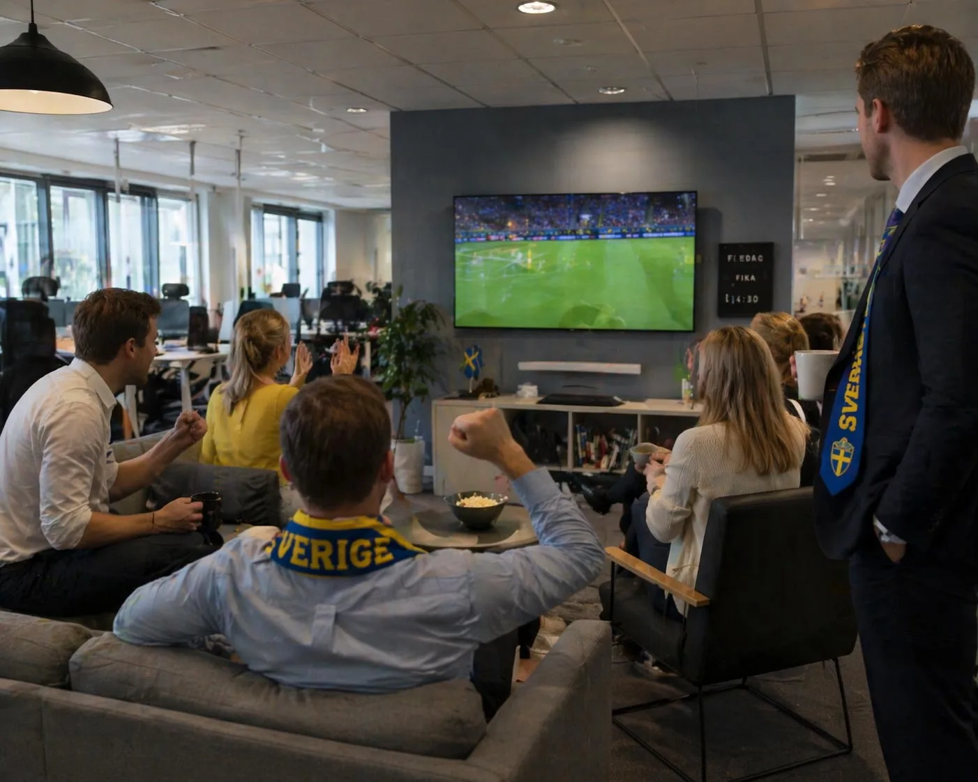 Kollegor på svenskt kontor tippar VM 2026 tillsammans — kaffepaus med fotboll