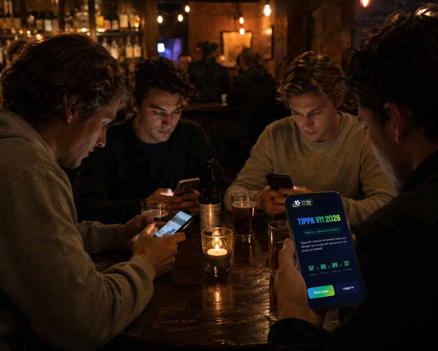 Tippa VM med vänner och kompisar 2026 — kompisgäng firar mål framför TV:n